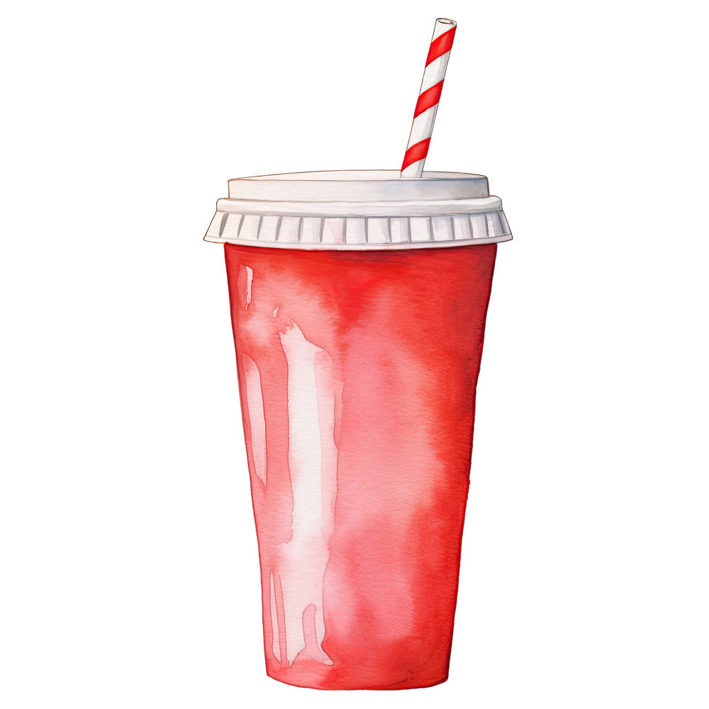 red cup, beverage, drink cup, soda cup, takeout cup, fast food, modern, whimsical, red and white striped, striped straw, illustrated cup, food illustration, kitchen theme, cafe theme, diner style, retro modern, bright red, white, realistic print, beverage motif, drink container, summer, casual style, contemporary, pop art style, commercial theme, fun prints, everyday objects, lifestyle theme