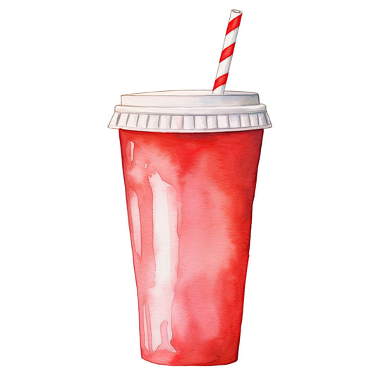 red cup, beverage, drink cup, soda cup, takeout cup, fast food, modern, whimsical, red and white striped, striped straw, illustrated cup, food illustration, kitchen theme, cafe theme, diner style, retro modern, bright red, white, realistic print, beverage motif, drink container, summer, casual style, contemporary, pop art style, commercial theme, fun prints, everyday objects, lifestyle theme