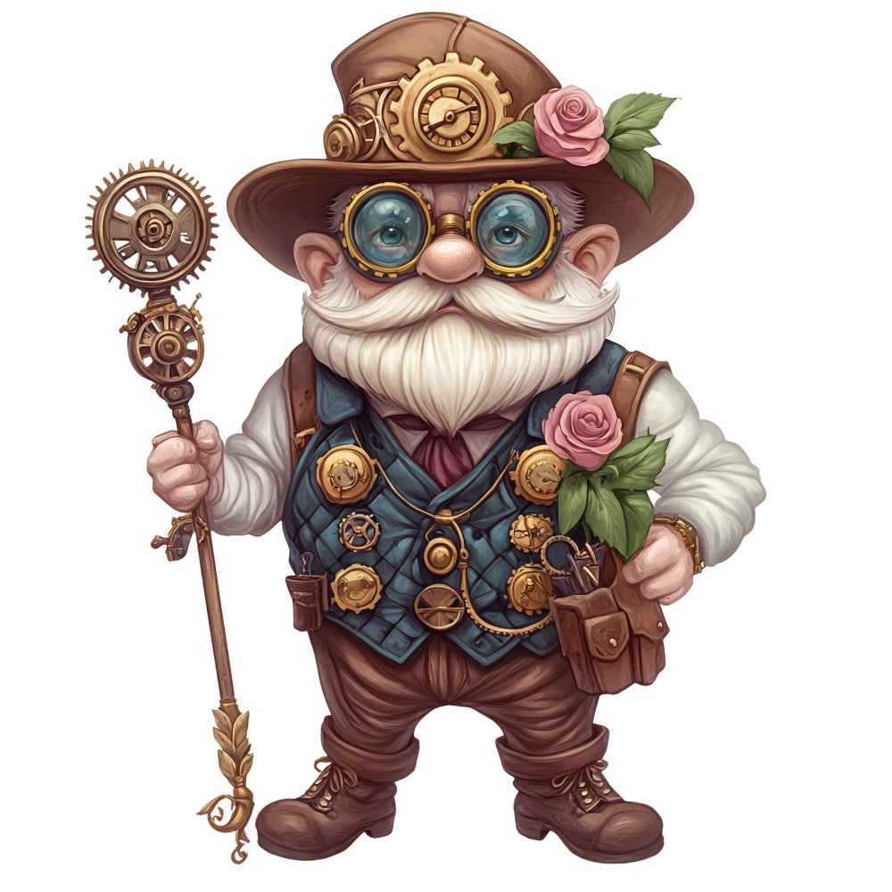 steampunk gnome, brown leather hat, brass goggles, white beard, pink roses, mechanical gears, copper accents, vintage clothing, fantasy character, teal blue vest, golden buttons, ornate staff, whimsical illustration, fabric panel, quilting cotton, victorian inspired, clockwork details, mustache, leather boots, enchanted character