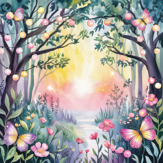 woodland scene, fabric panel, butterflies, pink flowers, string lights, enchanted forest, whimsical art, pastel colors, yellow glow, purple butterflies, floral motifs, nature design, magical atmosphere, quilting cotton, tree branches, garden path, soft pastels, fairy tale scene, botanical print, dreamy landscape