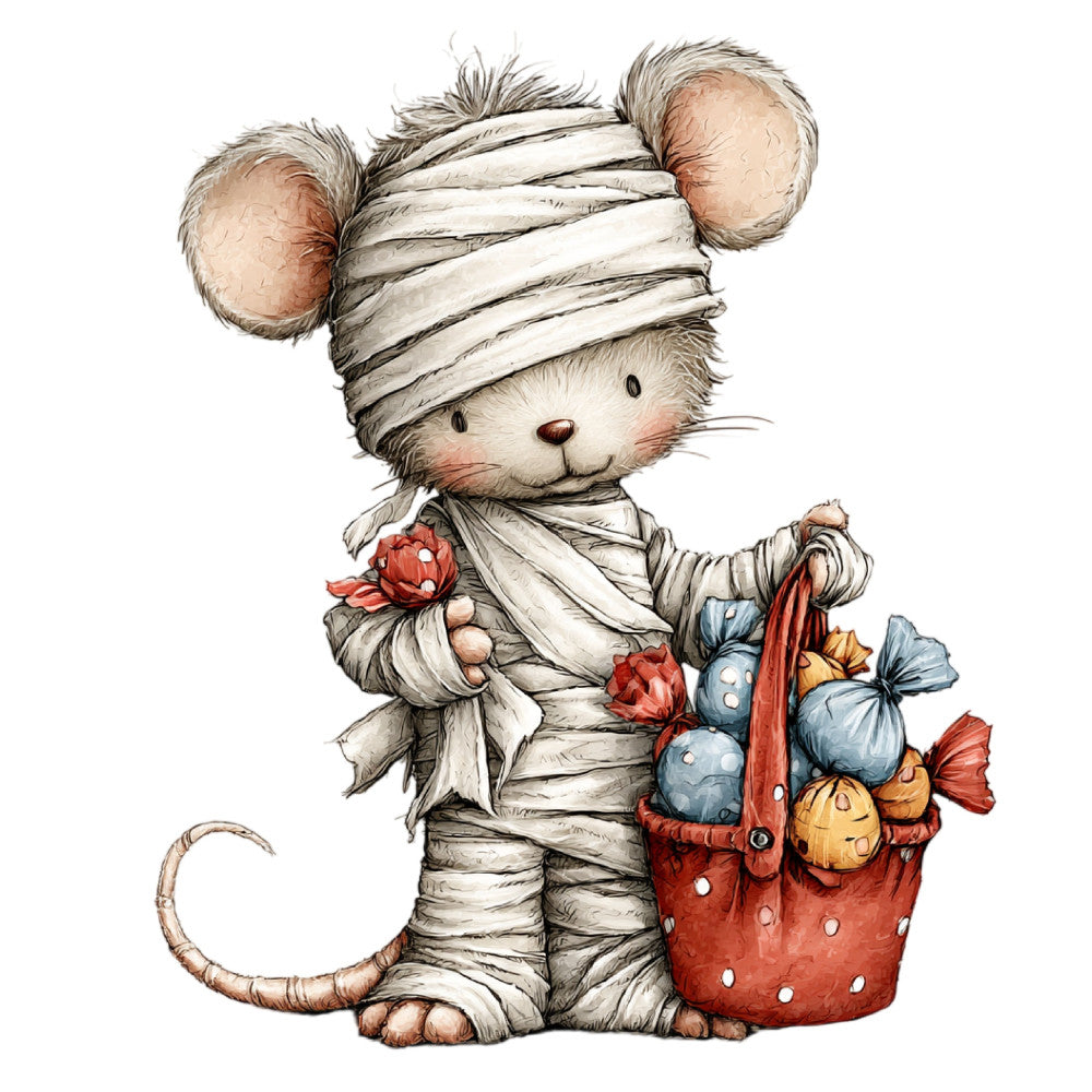 mummy mouse, wrapped mouse, bandaged animal, cute mice, whimsical creatures, red basket, polka dots, red and blue, cream white, tan brown, coral red, soft blue, golden yellow, animal characters, children's illustration, storybook style, whimsical style, vintage illustration, nursery decor, baby quilting, children's fabric, sweet theme, playful animals, wrapped gifts, party theme, festive design, illustrated animals, charming creatures, woodland animals, decorative baskets