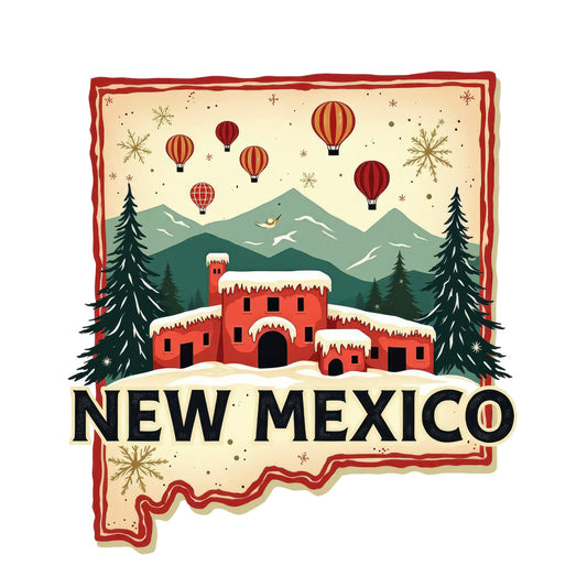 Christmas US States Fabric Panel 20 featuring New Mexico with festive snowy adobe buildings and hot air balloons in quilting cotton fabric.
