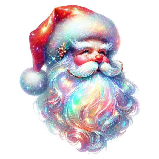 santa claus, rainbow, holographic, iridescent, multicolor, pastel, red, white, blue, purple, gold, sparkly, glittery, whimsical, magical, celestial, christmas, holiday, festive, jolly, nostalgic, vintage, metallic shimmer, star burst, enchanted, fairy tale, fantasy, children's, decorative panel, wall art