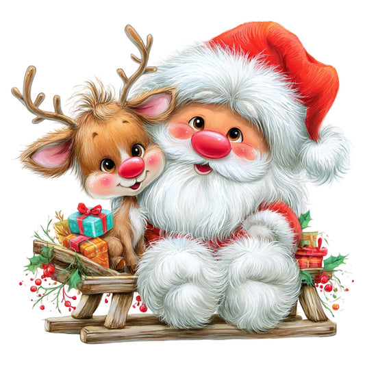 santa claus, reindeer, christmas, holiday, festive, red hat, white beard, cute characters, whimsical, traditional, seasonal, gift boxes, presents, holly berries, rustic, charming, nostalgic, red, white, brown, gold, green, children's fabric, decorative panel, vintage christmas, jolly, cheerful, animals, winter theme