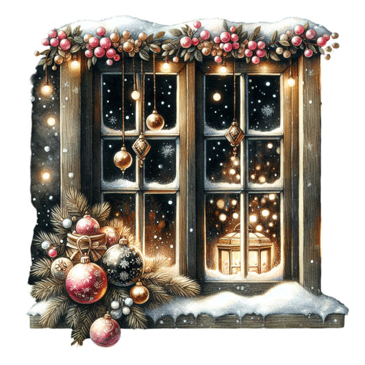vintage christmas, window scene, holiday decorations, winter landscape, snow falling, red ornaments, gold baubles, evergreen garland, cranberries, warm lighting, cozy atmosphere, fabric panel, quilting cotton, festive design, christmas bulbs, wooden window frame, snowy night, holiday lights, rustic charm, seasonal fabric