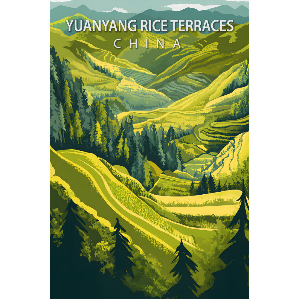 emerald green, golden yellow, sage green, teal, travel poster, rice terraces, mountain landscape, china scenery, vintage poster style, fabric panel, quilting cotton, scenic vista, agricultural terraces, rolling hills, evergreen trees, misty mountains, geometric patterns, asian landscape, tourism art, outdoor adventure