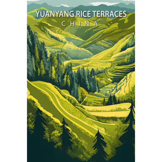 emerald green, golden yellow, sage green, teal, travel poster, rice terraces, mountain landscape, china scenery, vintage poster style, fabric panel, quilting cotton, scenic vista, agricultural terraces, rolling hills, evergreen trees, misty mountains, geometric patterns, asian landscape, tourism art, outdoor adventure