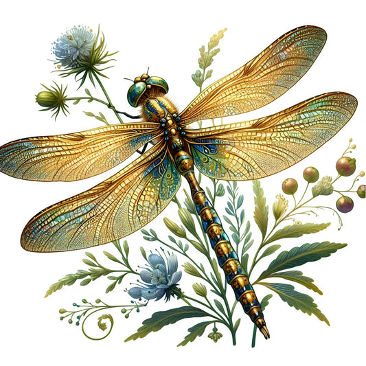 dragonfly, gold, turquoise, blue, botanical, nature, insects, vintage, elegant, whimsical, flowers, naturalistic, illustration, garden, spring, summer, detailed, ornate, delicate, wings, filigree, florals, leaves, foliage, meadow, wildflowers, steampunk, iridescent, decorative, artistic