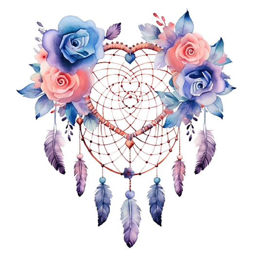 Watercolor Dream Catcher Fabric Panel 7 features a heart-shaped dreamcatcher adorned with pastel pink and blue roses and soft feathers.