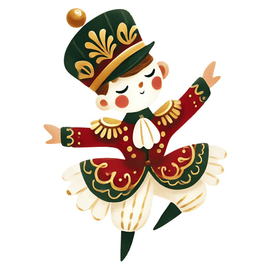 forest green, deep red, burgundy, gold, cream, nutcracker, soldier, holiday, christmas, vintage, whimsical, festive, decorative, ornamental, elegant, traditional, nutcracker soldier, epaulettes, feather skirt, jolly character, winter, seasonal, festive decoration, nostalgic, classic christmas, decorative motifs, embellished, ornate, charming, cheerful