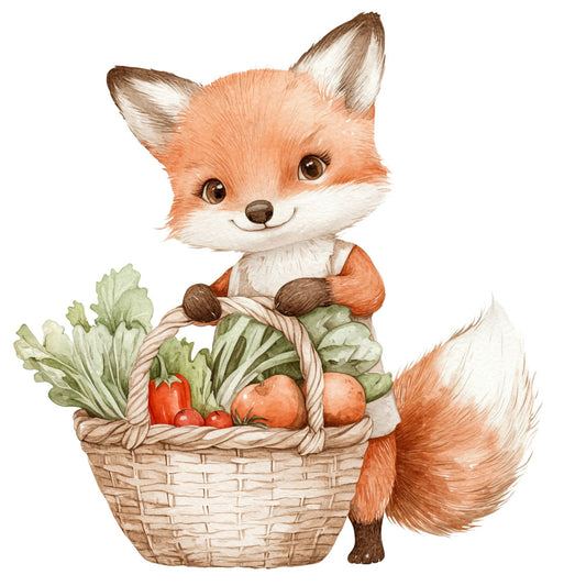 cute fox, woodland animals, forest green, cream white, rust orange, terracotta, garden vegetables, whimsical, farmhouse, rustic, nature theme, children's fabric, baby quilt, animal illustration, basket of produce, red bell pepper, tomatoes, leafy greens, spring, summer, harvest, garden theme, illustrative style, playful, innocent, sweet animals, countryside, cottage core, nursery, storybook