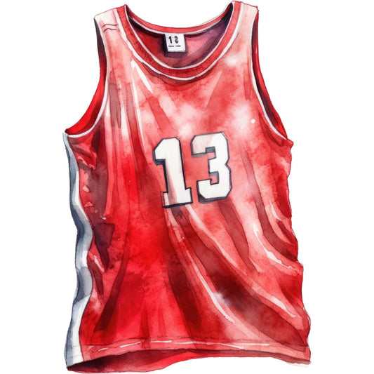 red, crimson, scarlet, watercolor, abstract, tie-dye, sports, athletic, jersey, basketball, number 13, modern, casual, youth apparel, kids clothing, gradient, ombre, paint effect, splatter, contemporary, sporty, energetic, vibrant, dynamic, performance wear, training gear