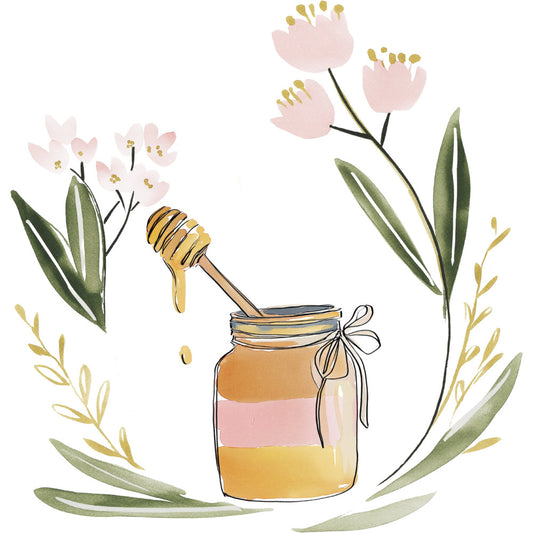 honey jar, floral, botanical, nature, spring, pastel pink, sage green, golden yellow, honey gold, blush pink, watercolor, whimsical, elegant, modern farmhouse, bee, honeycomb, wildflowers, herbs, botanical illustration, rustic, organic, natural, sweet, cottage style, spring flowers, soft colors, delicate, peaceful, garden theme, illustration art