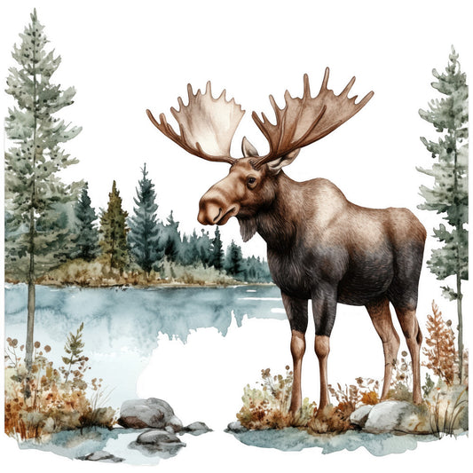 moose, wildlife scene, watercolor style, forest landscape, lake scene, pine trees, evergreen trees, brown tones, sage green, muted blues, autumn colors, nature panel, fabric panel, quilting cotton, woodland animals, serene mood, antlers, rustic design, outdoor scene, peaceful setting
