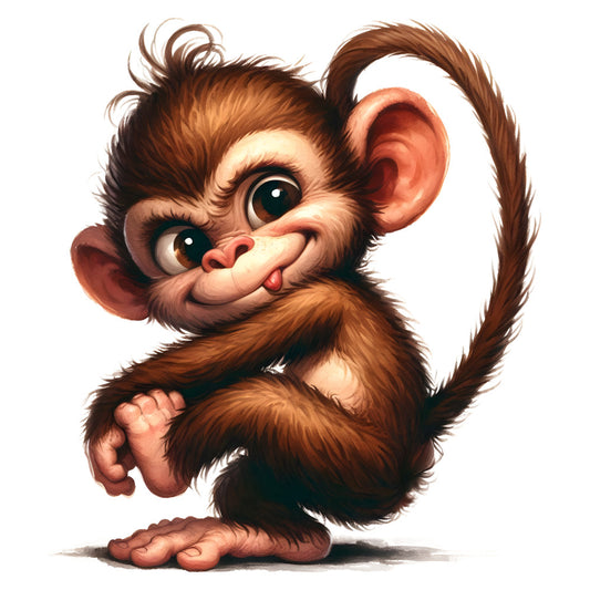 brown monkey, playful monkey, cartoon monkey, whimsical animal, cute primate, mischievous monkey, children's fabric, baby fabric, animal character, brown and tan, warm brown, peachy pink, rust orange, cream white, animal theme, jungle theme, playful style, whimsical style, fun design, kid's quilt, nursery fabric, storybook character, illustrated animal, expressive face, tail detail, cartoon character fabric, playful expression, light-hearted, cheerful design, children's clothing