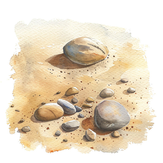 beach, coastal, sand, tan, beige, cream, brown, taupe, neutral, stones, rocks, pebbles, nature, watercolor, illustrated, artistic, seashore, shoreline, landscape, earth tones, natural, rustic, organic, textured, scenic, seaside, grounded, warm tones, detailed illustration, nature-inspired