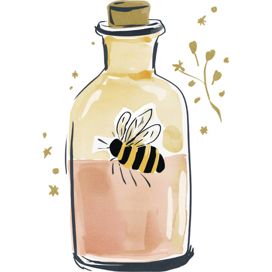 bee, honey, bottled, glass jar, nature, whimsical, celestial, stars, gold, cream, peach, tan, black, stripe, insects, botanical, spring, summer, elegant, modern, cute, children's, baby, decorative, nature-inspired, magical, dreamy, feminine, delicate, flowers