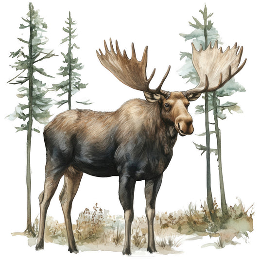 moose, forest scene, wildlife, antlers, evergreen trees, brown, tan, sage green, watercolor style, nature, woodland, fabric panel, quilting cotton, rustic, outdoors, animal portrait, pine trees, natural habitat, earthy tones, realistic illustration
