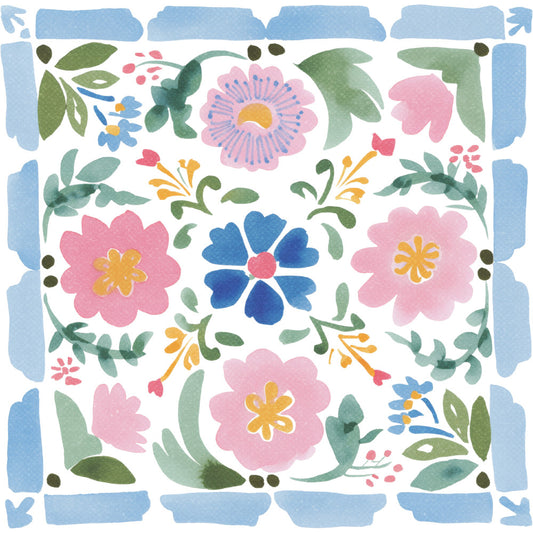 floral, botanical, pink flowers, blue flowers, yellow centers, sage green, dusty rose, cornflower blue, nature, spring, whimsical, hand-painted, watercolor, leaves, foliage, daisy, garden flowers, light blue border, playful, cheerful, cottage style, traditional, decorative panel, wall hanging, baby quilt, feminine, vibrant colors, nature-inspired, folk art, pastoral