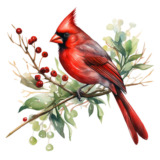 red cardinal, bird illustration, watercolor style, botanical elements, green foliage, red berries, fabric panel, quilting cotton, winter theme, nature design, scarlet red, forest green, brown branches, realistic bird, perched cardinal, holiday motif, seasonal fabric, craft panel, sewing material, decorative panel