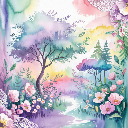 watercolor style, pastel colors, pink flowers, purple hues, green foliage, yellow accents, turquoise tones, woodland scene, fantasy forest, delicate florals, botanical illustration, dreamy atmosphere, fabric panel, quilting cotton, whimsical design, nature motifs, soft pastels, enchanted garden, floral border, artistic watercolor