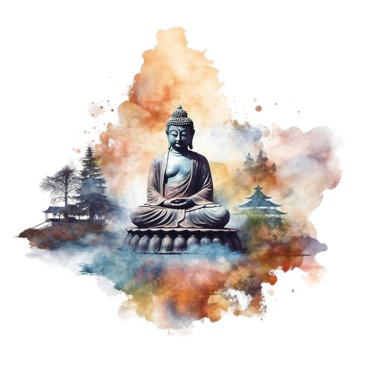 watercolor, buddha statue, meditation pose, lotus base, pagoda temple, pine trees, orange wash, peach tones, blue accents, purple hues, artistic splashes, spiritual theme, asian inspired, serene landscape, fabric panel, quilting cotton, peaceful mood, zen garden, contemplative design, nature elements