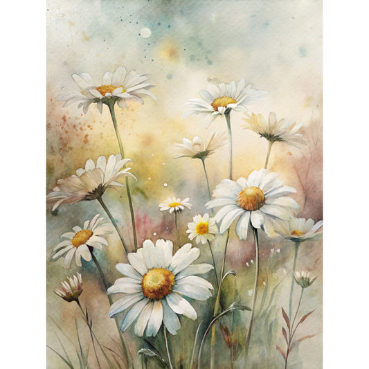 white daisies, yellow centers, green stems, watercolor style, floral pattern, soft pastels, dreamy atmosphere, botanical art, fabric panel, quilting cotton, spring flowers, meadow scene, delicate petals, artistic blooms, nature motif, gentle colors, wildflower design, cotton fabric, crafting material