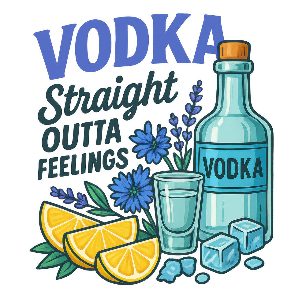 blue, teal, yellow, orange, green, vodka bottle, shot glass, lemon slices, ice cubes, blue flowers, lavender sprigs, alcohol theme, cocktail design, fabric panel, quilting cotton, bar accessories, citrus motifs, floral elements, drinking theme, beverage illustration