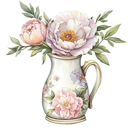 peony, floral, blush pink, dusty rose, lavender, cream, sage green, botanical, vintage, elegant, traditional, romantic, cottage core, spring, summer, peonies, flowers, garden, nature, decorative pitcher, botanical illustration, watercolor, feminine, classic, pastel, gold accents, brass trim, nostalgic, timeless, English garden