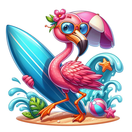 pink flamingo, turquoise, coral pink, beach scene, surfboard, sunglasses, tropical flower, ocean waves, starfish, beach ball, cartoon style, summer theme, fabric panel, quilting cotton, whimsical design, nautical elements, tropical paradise, bright colors, children's fabric, playful illustration