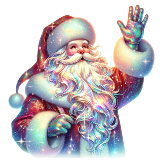santa, christmas, holiday, celestial, iridescent, holographic, rainbow, multicolor, red, white, blue, purple, gold, sparkle, glitter, whimsical, magical, festive, winter, father christmas, saint nick, stars, shimmering, jolly, nostalgic, vintage, decorative, wall hanging, home decor