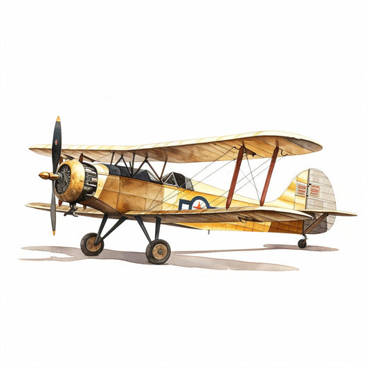 vintage airplane, biplane, aviation, retro aircraft, yellow, cream, tan, beige, brown, black, gold, steampunk, vintage transportation, antique plane, sky, flight, historical aircraft, 1940s, 1930s, adventure, travel, nostalgic, industrial, mechanical, whimsical, masculine, panel design, wall hanging, collectible, heritage