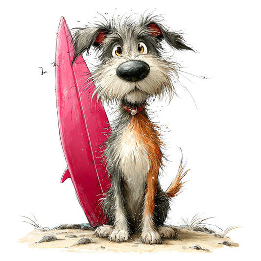 dog, surfing, beach, surfboard, pink, coral pink, tan, sand, white, gray, black, brown, terracotta, whimsical, cute, playful, animal, cartoon, children's, kids, summer, coastal, nautical, sports, adventure, humorous, illustration, watercolor, character panel, pet
