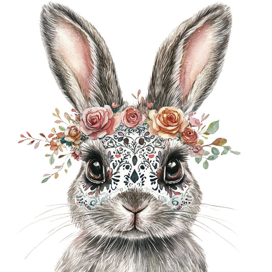 bunny, rabbit, floral, roses, flower crown, whimsical, bohemian, sugar skull, day of the dead, face mask, decorative pattern, spring, summer, blush pink, coral pink, dusty rose, cream, gray, black, botanical, leaves, elegant, artistic, mandala, intricate design, nature, woodland, romantic, boho chic