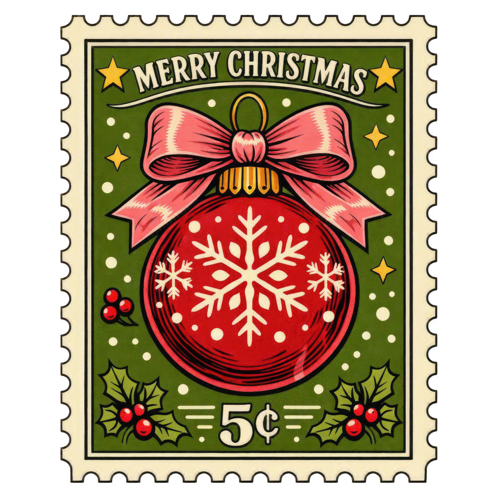 merry christmas, christmas ornament, holiday, festive, vintage stamp, red ornament, forest green, cream, gold accents, snowflake, bow, ribbon, holly berries, stars, retro, traditional, classic, christmas decor, seasonal, winter, postage stamp design, red and green, decorative ornament, nostalgic, holiday themed, elegant, cheerful, christmas fabric