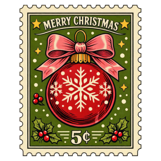 merry christmas, christmas ornament, holiday, festive, vintage stamp, red ornament, forest green, cream, gold accents, snowflake, bow, ribbon, holly berries, stars, retro, traditional, classic, christmas decor, seasonal, winter, postage stamp design, red and green, decorative ornament, nostalgic, holiday themed, elegant, cheerful, christmas fabric