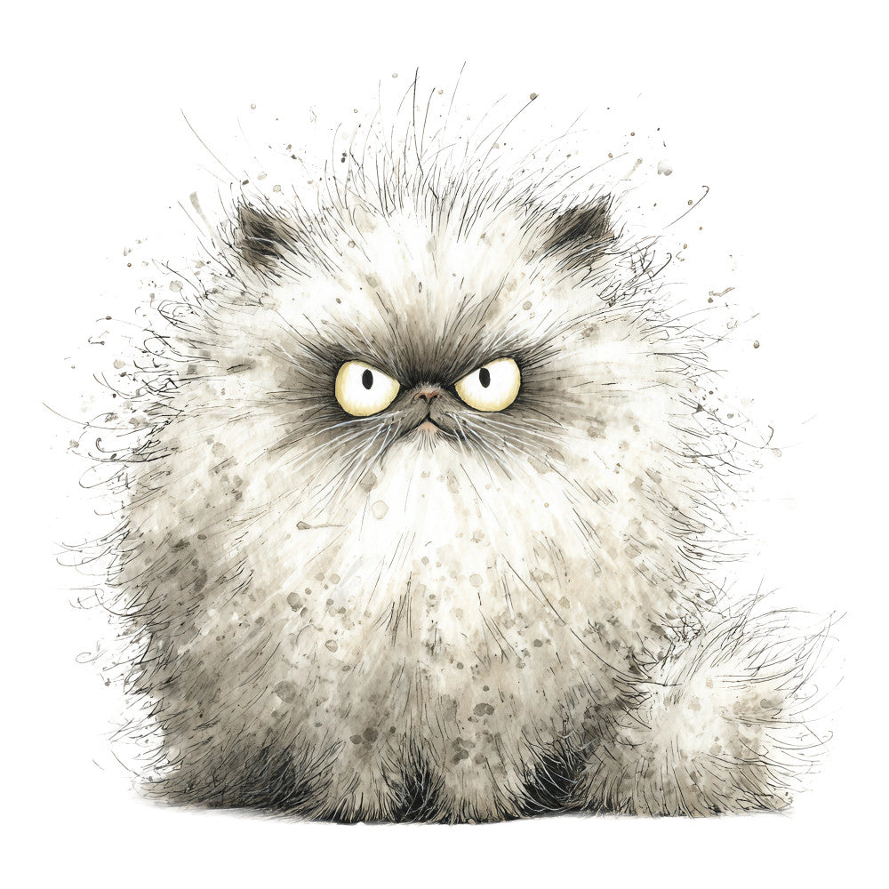 fluffy cat, grumpy cat, persian cat, angry expression, yellow eyes, cream white, gray, charcoal, black, watercolor art, whimsical, cute animals, cat lover, feline, portrait, adorable, humorous, funny, children's, playful, modern illustration, splatter effect, artistic, pet themed, cat fabric, animal lover, expressive eyes