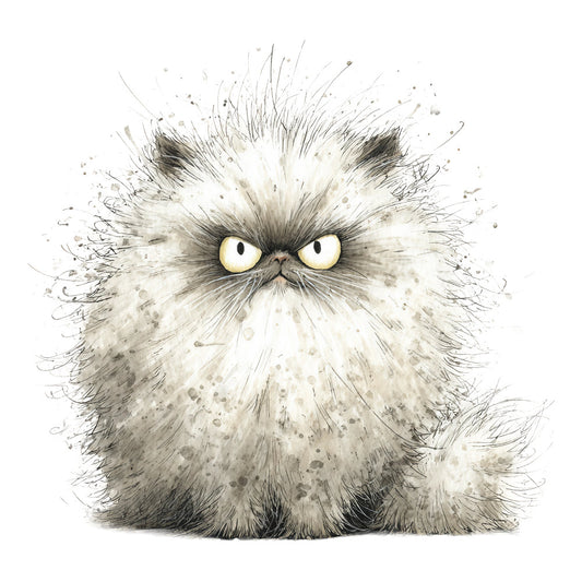 fluffy cat, grumpy cat, persian cat, angry expression, yellow eyes, cream white, gray, charcoal, black, watercolor art, whimsical, cute animals, cat lover, feline, portrait, adorable, humorous, funny, children's, playful, modern illustration, splatter effect, artistic, pet themed, cat fabric, animal lover, expressive eyes