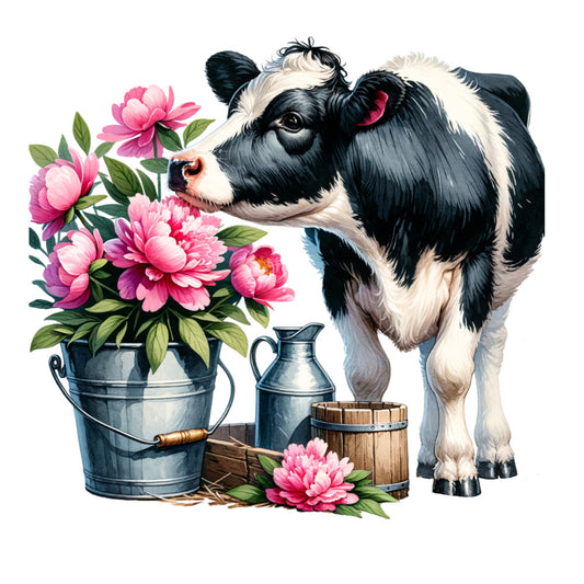 black and white cow, pink peonies, floral bouquet, metal bucket, milk jug, wooden barrel, farm animals, cottage core, watercolor style, rustic charm, spring flowers, dairy cow, pastoral scene, fabric panel, quilting cotton, soft pastels, country living, barnyard theme, holstein cow, peony blossoms