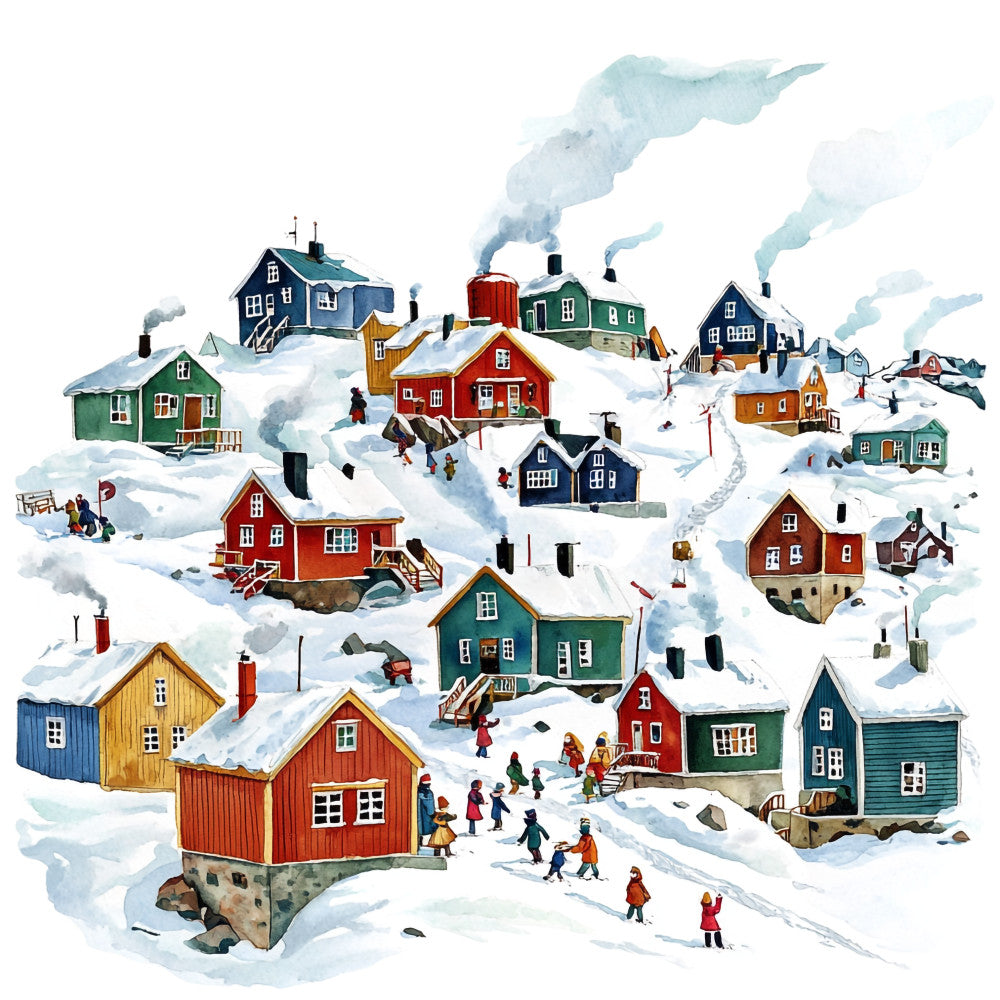fabric panel, greenland village, arctic settlement, colorful houses, red houses, blue houses, green houses, yellow houses, snow covered, winter scene, chimneys smoking, small figures, people walking, snowy landscape, nordic style, watercolor effect, quilting cotton, winter theme, cold climate, inuit village