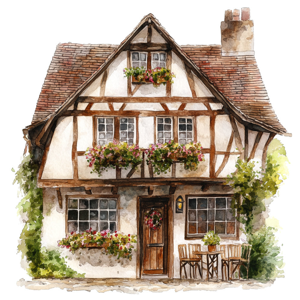 watercolor style, tudor house, half-timbered building, cream walls, brown timber beams, terracotta roof tiles, flower boxes, pink flowers, green foliage, cobblestone path, wooden furniture, cottage garden, english architecture, pastoral scene, fabric panel, quilting cotton, countryside village, chimney stack, lattice windows, outdoor seating