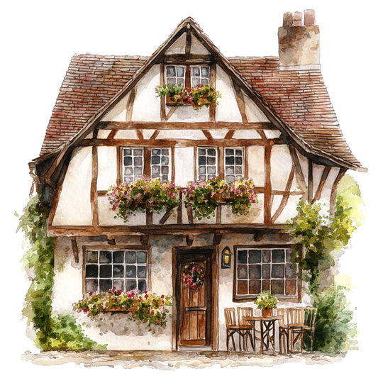 watercolor style, tudor house, half-timbered building, cream walls, brown timber beams, terracotta roof tiles, flower boxes, pink flowers, green foliage, cobblestone path, wooden furniture, cottage garden, english architecture, pastoral scene, fabric panel, quilting cotton, countryside village, chimney stack, lattice windows, outdoor seating