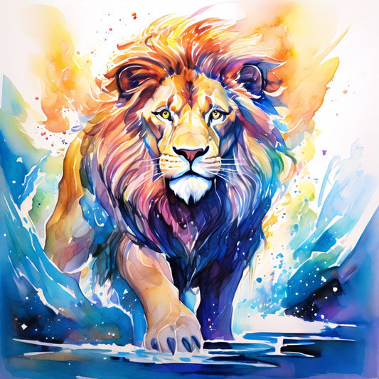 lion, watercolor, abstract, vibrant, colorful, rainbow, multi-colored, artistic, modern, contemporary, animal, wildlife, majestic, blue, purple, orange, yellow, gold, red, pink, turquoise, splatter, paint splatter, expressionist, bold, dynamic, wall art, home decor, celestial, cosmic