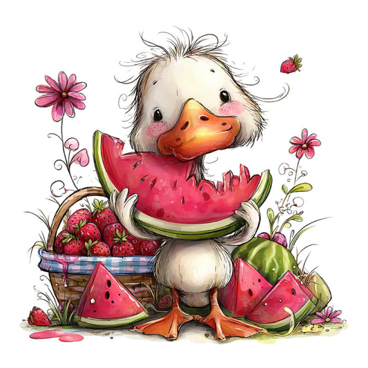 watermelon, duck, duckling, strawberry, pink flowers, coral orange, cream white, spring, summer, whimsical, cute, animal, fruit, floral, nature, picnic basket, farmhouse, cheerful, children's, baby, playful, daisy, flower, food, botanical, pastoral, charming, sweet, illustrated, storybook