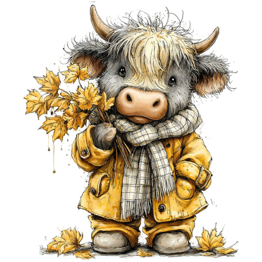 autumn, fall, highland cattle, highland cow, highland bull, yak, hairy cow, cute animals, whimsical, folk art, farmhouse, rustic, charming, children's, baby, nursery, golden yellow, mustard yellow, cream, tan, beige, gray, plaid, tartan, checkered scarf, autumn leaves, fall foliage, seasonal, cozy, storybook