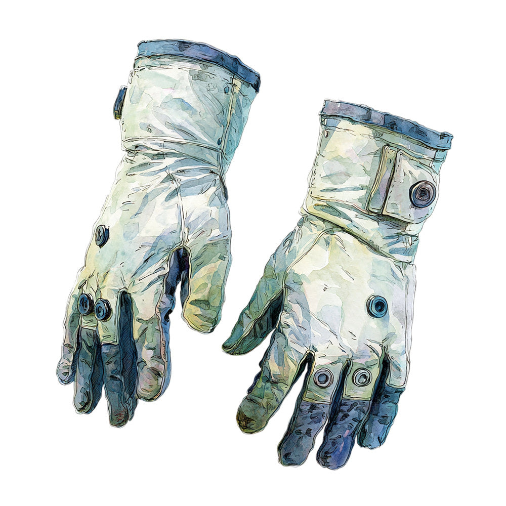 astronaut gloves, space suit, blue, cream, pale yellow, sage green, navy blue, technical illustration, vintage sci-fi, science fiction, retro space, steampunk, novelty print, whimsical, quirky, celestial, futuristic, vintage illustration, abstract, modern, wall art, conversation print, statement fabric, educational, unique design, artistic print, hand drawn style