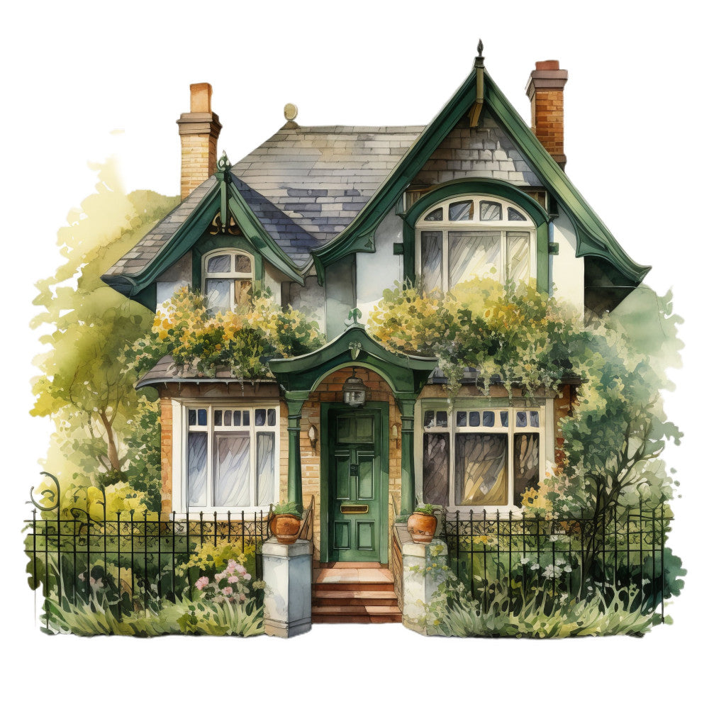 forest green, cream white, terracotta, sage green, slate gray, brick red, victorian house, cottage core, architectural, home illustration, garden, ivy, climbing vines, flowering shrubs, classic, traditional, elegant, vintage, nostalgic, whimsical, english countryside, heritage home, detailed illustration, landscape, botanic, spring, summer, decorative panel, wall art, home décor