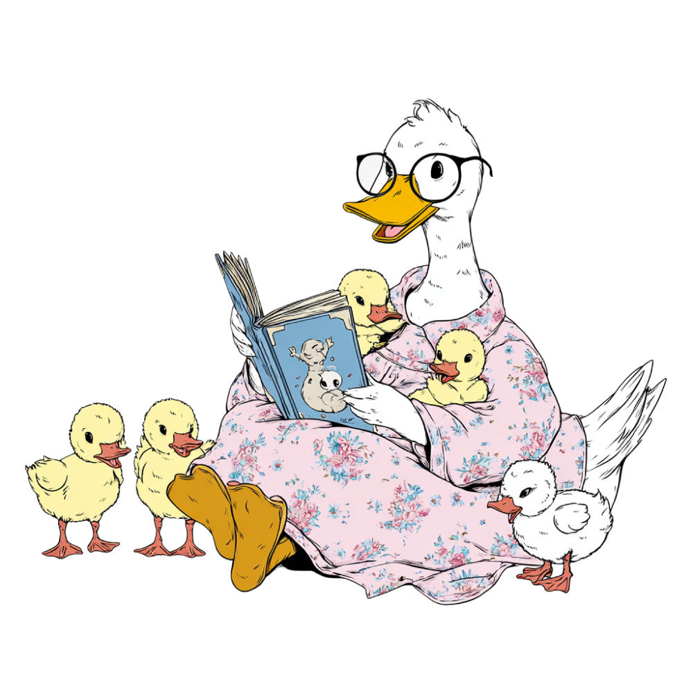 mother goose, nursery, storybook, duck, ducklings, reading, children's, baby, whimsical, vintage, farmhouse, spring, floral, pink floral, pastel pink, yellow, white, charming, literary, classic tale, animal characters, sweet, gentle, grandma, bonnet, spectacles, adorable, precious moments, family, book themed