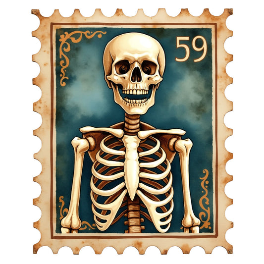 Halloween Postage Stamps Fabric Panel 5 featuring a vintage-style illustrated skeleton with number 59 on premium quilting cotton fabric.
