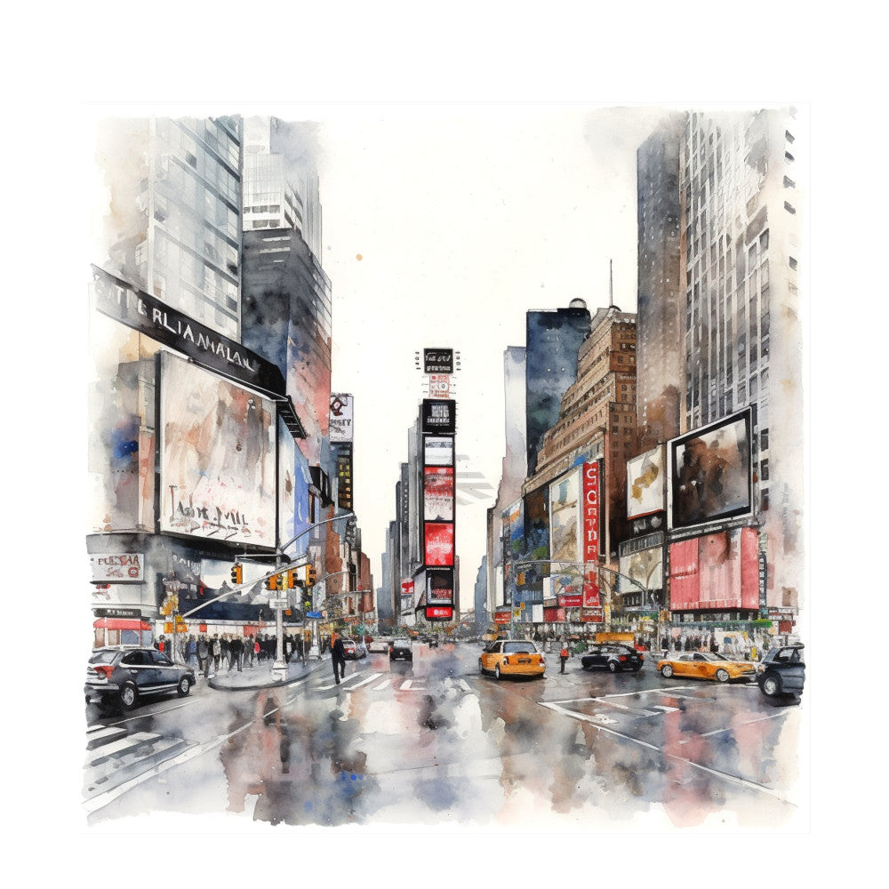 watercolor cityscape, times square, urban landscape, new york city, architectural, modern art, gray, navy blue, coral orange, burnt orange, cream, beige, tan, yellow taxi, street scene, rainy day, wet pavement, reflections, contemporary, artistic, travel theme, city life, metropolitan, impressionist style, abstract watercolor, building silhouettes, skyscrapers, downtown, bustling street, wall art